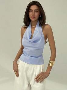 Blusa de mujer con escote profundo drapeado, sin espalda y con lazo trasero, de estilo elegante y sexy - Azul marino - Ver 4