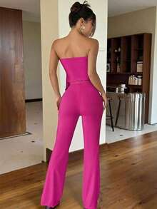 Conjunto de dos piezas con top asimétrico bandeau fruncido de unicolor y pantalones acampanados para mujer - Rosa Fucsia - Ver 3