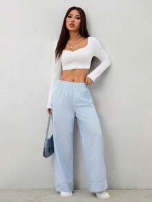 Pantalones casuales de pierna ancha a rayas para mujeres para ir al trabajo - Azul y blanco - Ver 6