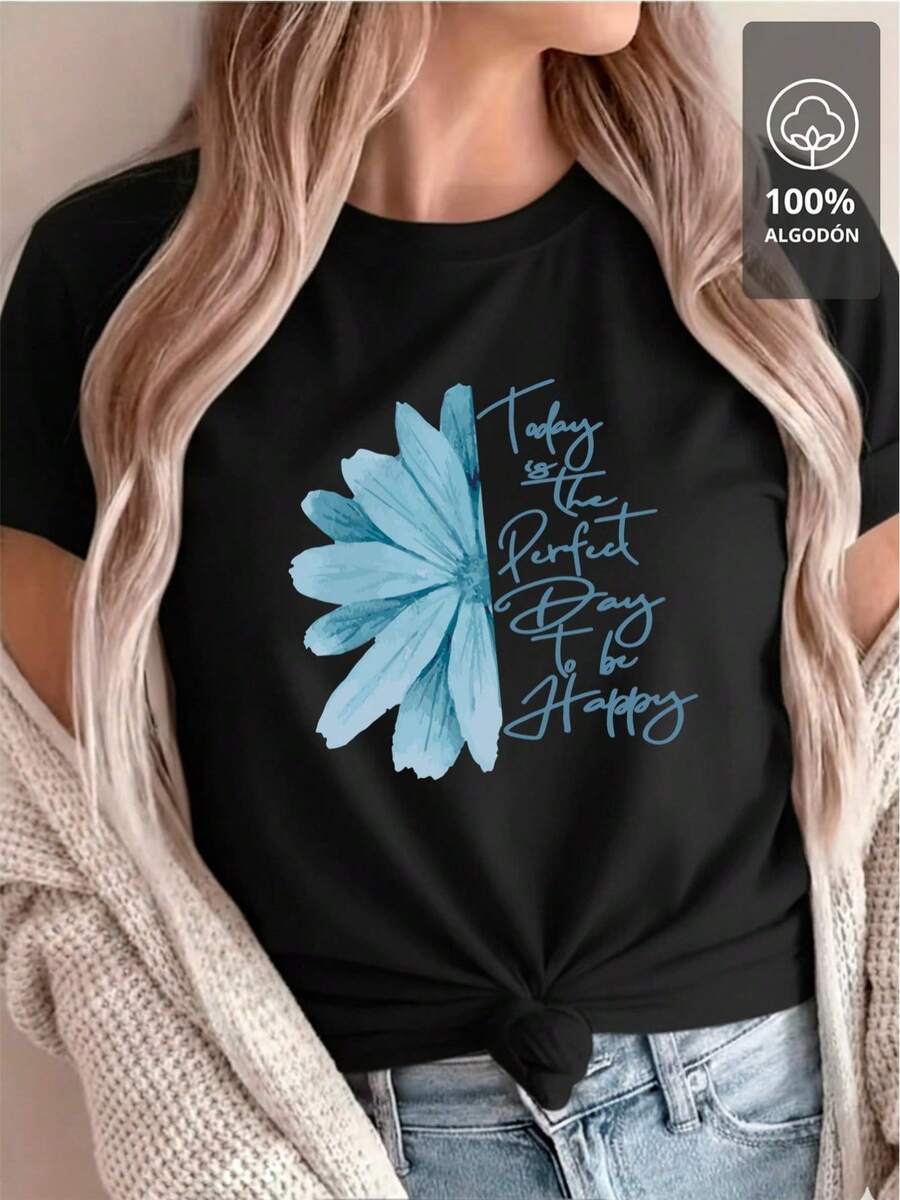 Camiseta con estampado de cita de flores azules - 100% algodón - Negro - Ver 1