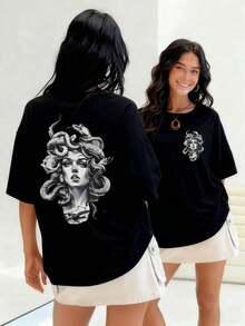 Intertwined Snakes With Intense Gazes, This 100% Cotton Women's T-Shirt Evokes Medusa With Her Timeless Power And Beauty. Hypnotic Creatures Crawl Through Her Hair. Suitable For Spring, Summer, And Autumn. - 黑色 - 查看 7