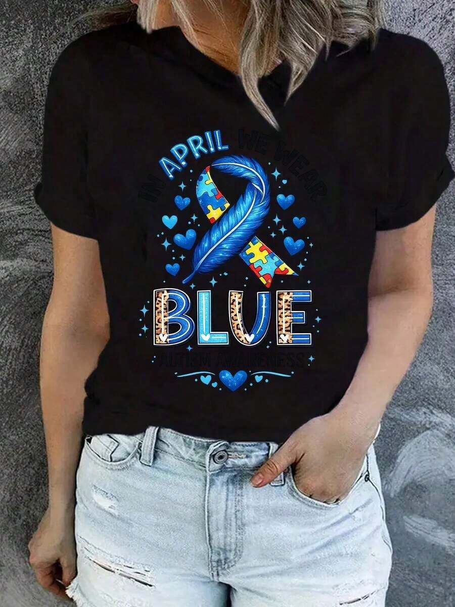 Women's Casual Graphic Tees - We Wear Printed Tees - Colorful Tees - Women's Cotton Clothing - Casual Short Sleeve T-Shirt - Women's Tops - Loose Fit Tees - Everyday Wear - Suitable For Spring, Summer, And Autumn - 黑色 - 查看 1