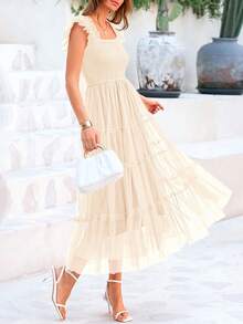 Women's Summer Mid-Length Dress Casual Sleeveless Pleats Ruffled Tulle Flowing New Year Party Wedding Guest Graduation Sundress - 杏色 - 查看 1
