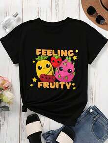 Casual T-Shirt With Cute Fruit Design, Loose Fit White Casual T-Shirt With Pineapple, Strawberry, Dragon Fruit And Cherry Print, Women's Top, 100% Cotton, Durable - 黑色 - 查看 2