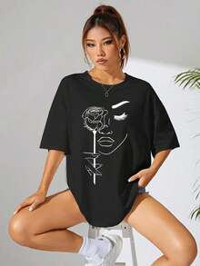 Camiseta Casual de Corte Holgado para Mujer con Estampado Abstracto de Rostro de Rosa, Transpirable y Cómoda, Manga Corta, Cuello Redondo, Estampado Minimalista de Líneas Blancas, Algodón Suave, Perfecta para Uso Diario y Estilo Urbano Artístico - Negro - Ver 5