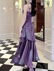Vestido de fiesta con volantes en el bajo en color borgoña, conjunto brillante rojo para conciertos, vestido formal elegante de tirantes finos para dama de honor, cumpleaños, graduación, ropa de verano y primavera para bodas - Morado - Ver 7