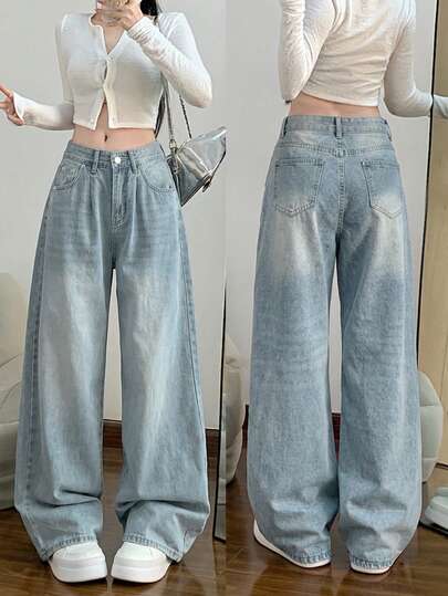 Quần jeans ống rộng dáng suông thoải mái, thích hợp cho mùa xuân.