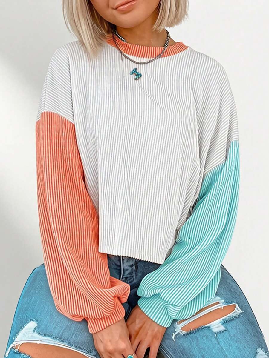 CILKOO Áo croptop nữ cổ tròn tay dài gân phối màu trắng, cam, xanh ngọc, phong cách thường ngày, phù hợp mặc hàng ngày mùa xuân và mùa thu - trắng - Xem 1