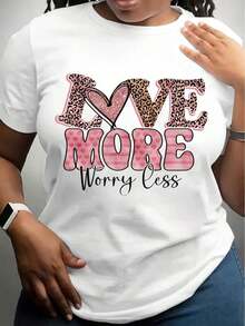 Women's Leopard And Pink Heart Print T-Shirt, Cute Valentine's Day T-Shirt, Fashionable Glitter Design T-Shirt, Casual Wear For Valentine's Day And Everyday Style - 白色 - 查看 1