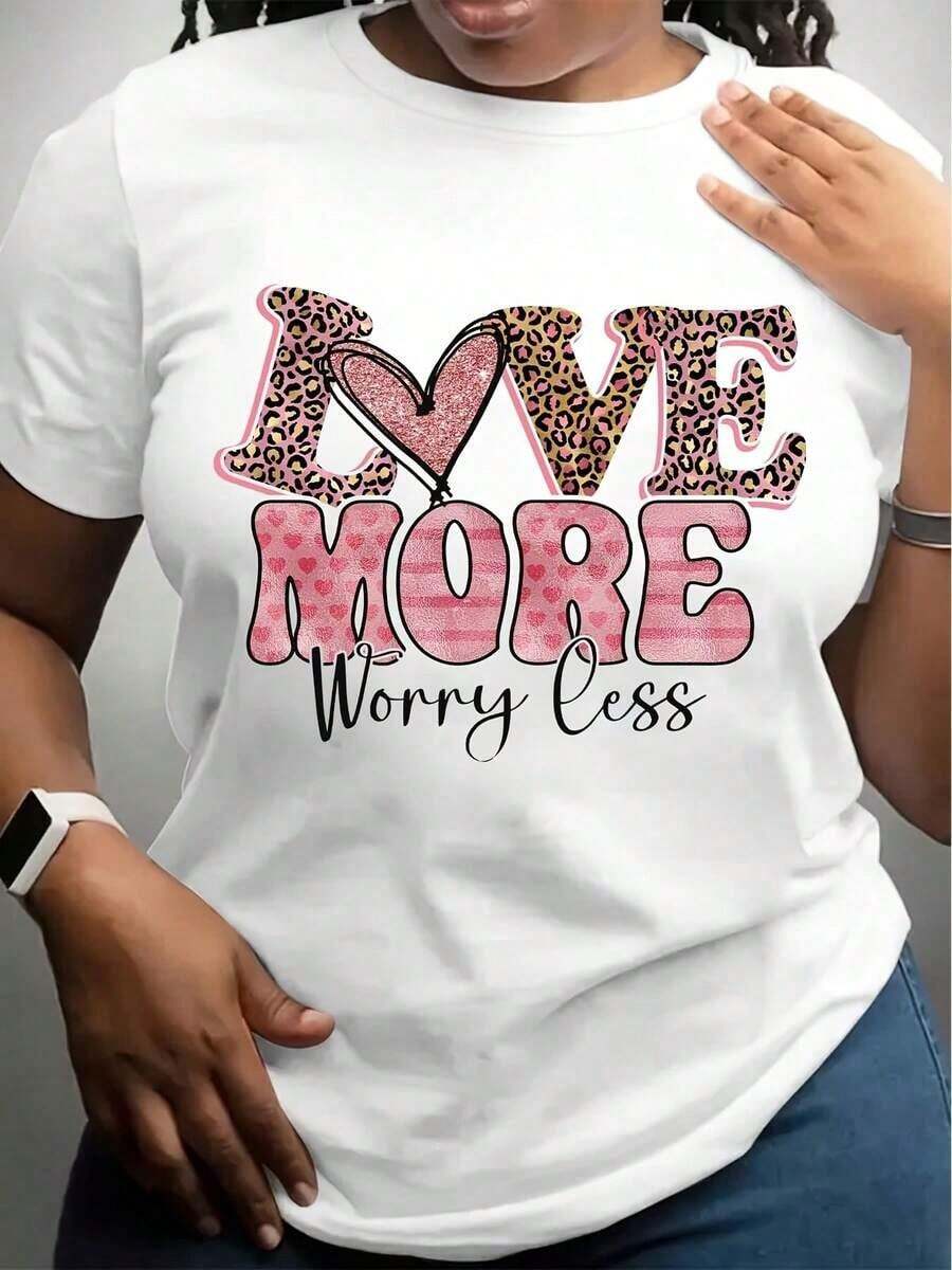 Women's Leopard And Pink Heart Print T-Shirt, Cute Valentine's Day T-Shirt, Fashionable Glitter Design T-Shirt, Casual Wear For Valentine's Day And Everyday Style - 白色 - 查看 1
