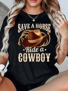 Loose Fit Women's T-Shirt With An Original Cowboy Hat Design, Casual And Comfortable Style. Perfect For A Relaxed Look With A Modern Touch. Basic Crew Neck Cotton T-Shirt For Women - 黑色 - 查看 12
