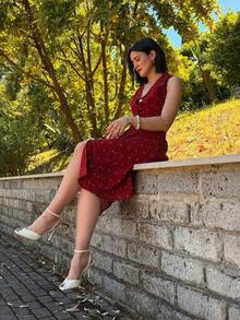 Vestido camisa corto sin mangas elegante para mujer, de tela tejida con detalles de botones, para boda, fiesta y primavera - Rojo - Ver 4