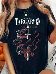 Women's Oversized T-Shirt, 100% Cotton, House Targaryen Fire & Blood Design With Dragons And Swords, Vintage Style, Casual Clothing For FansPure-Cotton - 黑色 - 查看 7