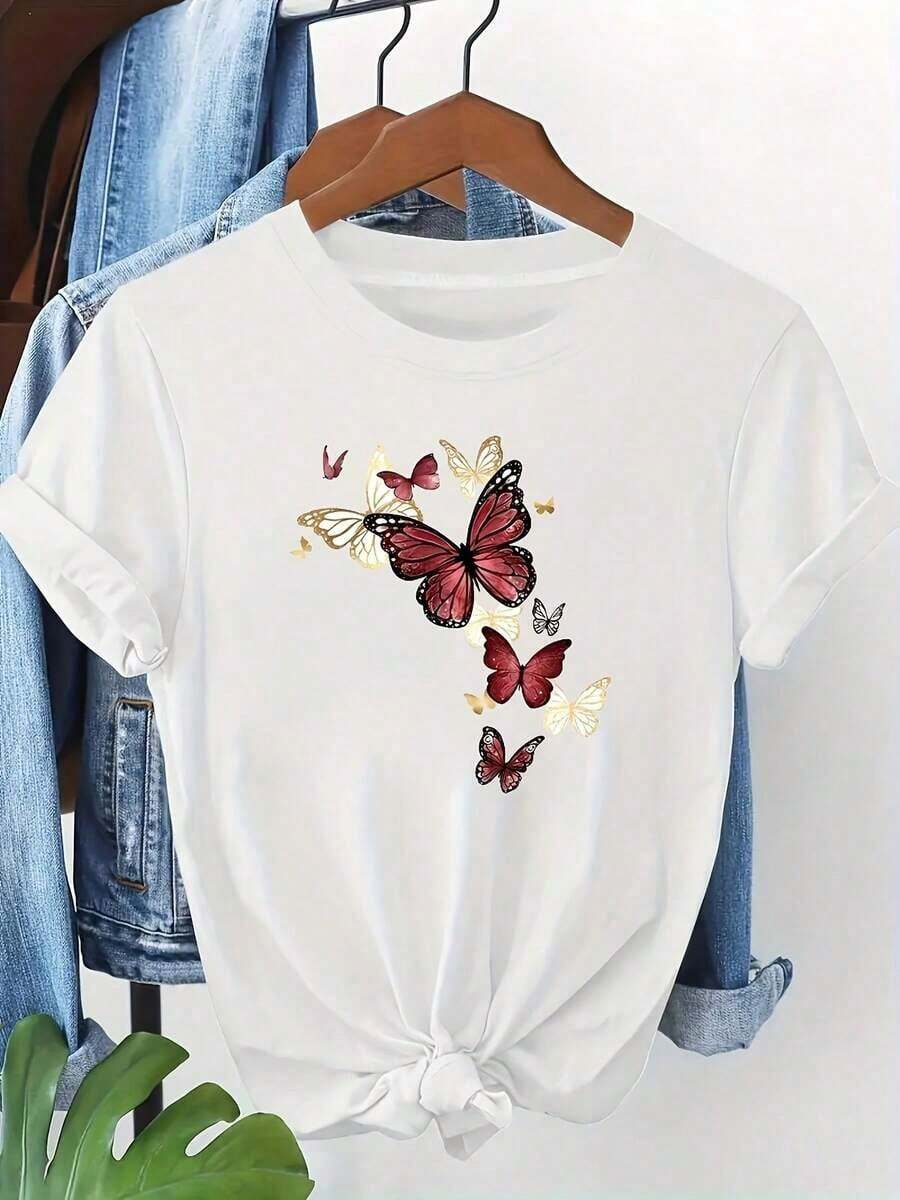 Camiseta de manga corta con estampado de mariposas | Ajuste cómodo, fácil cuidado, lavable a máquina, cuello redondo, longitud regular, temporada primavera/verano/otoñoblusas para mujer>camisa - Blanco - Ver 1