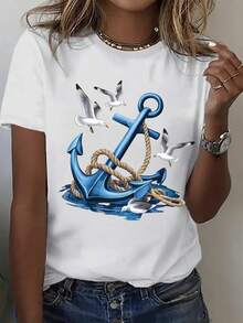 Fashionable Women's T-Shirt, Printed Round Neck T-Shirt, Casual Short-Sleeved Round Neck T-Shirt For Women - 白色的 - 查看 11