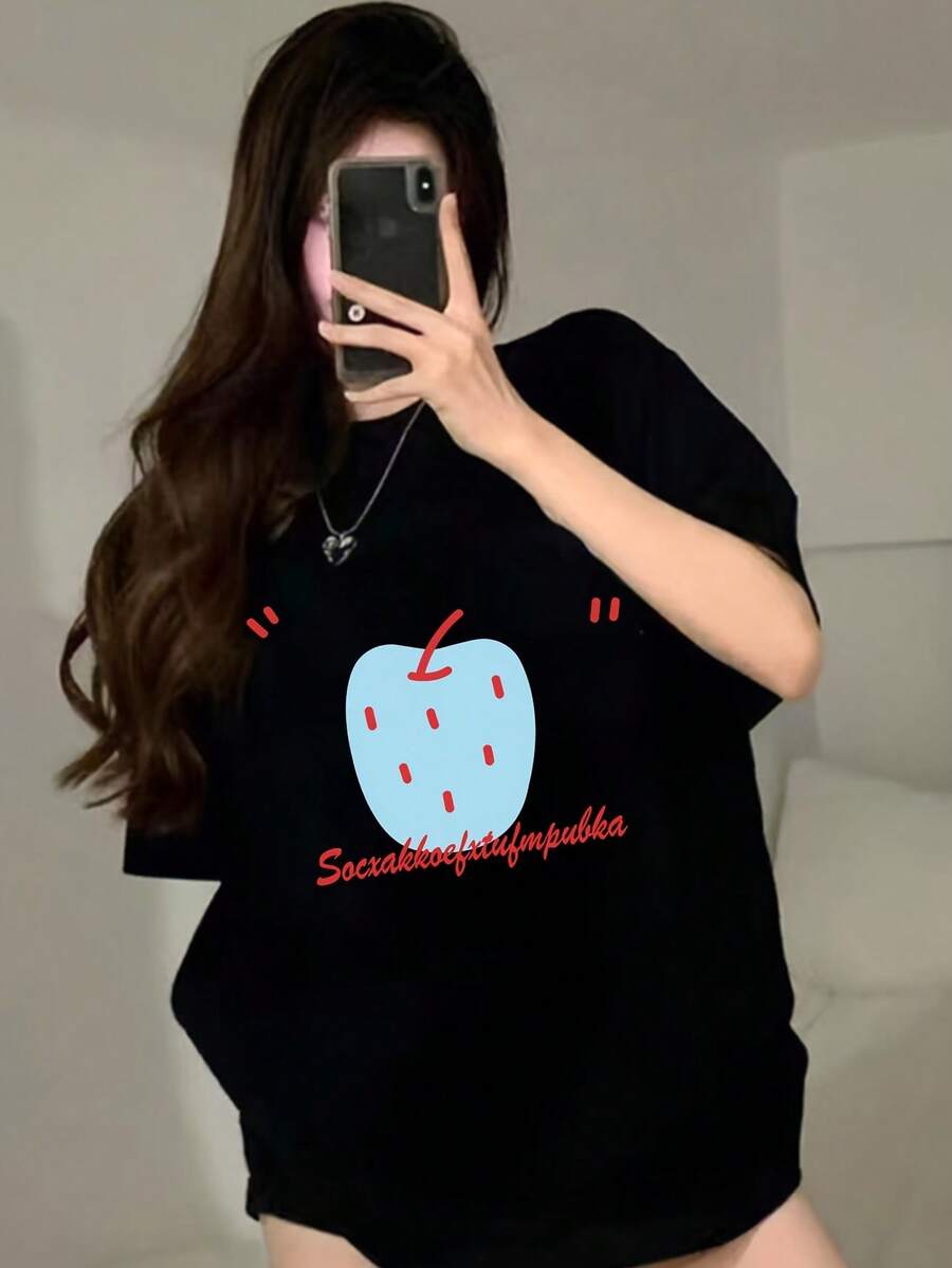 FashionNEW Women's Short Sleeve T-Shirt, 100% Thick Cotton With Cartoon Print, Casual And Flattering Korean Style, Loose Fit Crew Neck - Unisex Cotton Short Sleeve Crew Neck T-Shirt, Vintage Urban Style - 黑色 - 查看 1