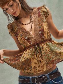 Women's Casual Summer Blouse With V-Neck, Short Sleeves And Lace, With A Ditsy Floral Print For Music Festivals, Vacations And Parties - 彩色 - 查看 10