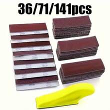 36/71/141件套手动砂磨工具，3.5英寸 x 1英寸迷你细节指形砂磨块，适用于小空间的迷你砂磨工具，80-600目干湿两用魔术贴砂纸，适用于木工项目 - 紅木色 - 查看 1