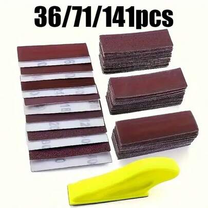 36/71/141件套手动砂磨工具，3.5英寸 x 1英寸迷你细节指形砂磨块，适用于小空间的迷你砂磨工具，80-600目干湿两用魔术贴砂纸，适用于木工项目