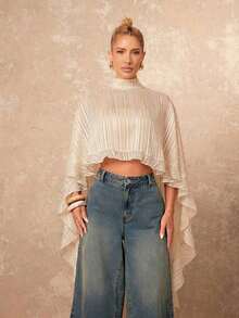 Nueva llegada Blusa elegante de mujer de alta gama con cuello suelto, bajo asimétrico con volantes, parte delantera corta y parte trasera larga - Albaricoque - Ver 4
