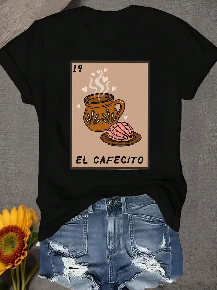 Camiseta de mujer con estampado de pastel de café 19 EL CAFECITO| Cuello redondo suave, manga corta, ropa casual para el día a día con diseño de café español - Negro - Ver 1