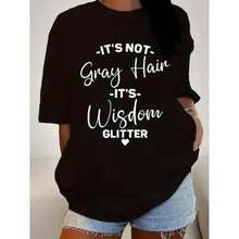 Camisetas de manga corta de verano para mujer, cuello redondo, diseño gráfico con texto brillante "No es canas, es sabiduría", diseño positivo y humorístico. - Negro - Ver 1