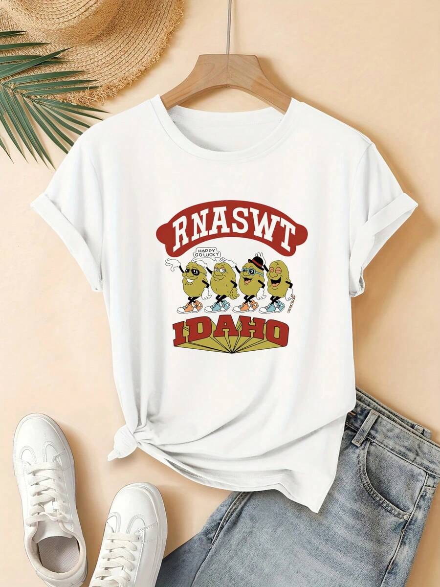 Camiseta de Mujer, Nuevo Estilo, Camiseta de Manga Corta con Divertido Estampado de Personaje de Patata, Elementos Emblemáticos de Idaho, Top Casual Moderno y Bonito. - Blanco - Ver 1