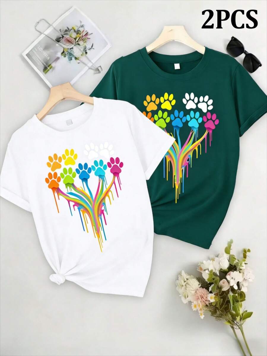 Plus Size T-Shirt With Round Neck, 100% Colorful With Rainbow Paw Print, Casual And Fashionable Style, Ideal For Pet Lovers, Suitable For Women's Clothing In Spring And Summer, Mother's Day/Memorial Day/June 16th Day, Sizes 0XL-4XL. - 2件套裝款式2 - 查看 1
