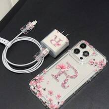 5-In-1 Flower & Letter R Pattern Protective Case Set: Phone Case + Charger Head Cover + Cable Protector + Storage Cord, TPU Shockproof Full Coverage Phone Case Compatible With Apple 16, 15, 14, 13, 12, 11 Pro Max - Multicolor - View 5