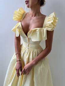 Vestido a rayas con mangas volantes y borde de volutos cintura ajustable estilo casual - Amarillo - Ver 2