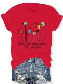 Talla Grande - Talla Grande - Camiseta Casual de Talla Grande para Mujer con Estampado de Pájaros Coloridos en Inglés, Ropa de Mujer para Primavera Verano - Rojo - Ver 6
