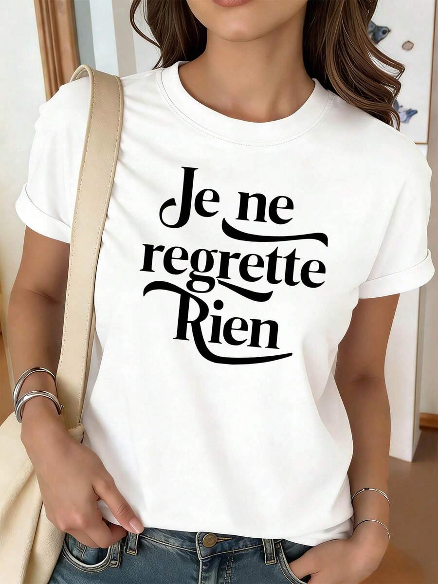 Camiseta de Mujer con Estampado "Je Ne Regrette Rien" Estilo Francés, Cuello Redondo, Fuente Elegante con Borde Curvo, Manga Corta, Estilo Vintage Francés para Uso Diario, Camisetas para Salir para Mujer - Blanco - Ver 1