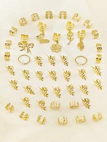 47pcs Golden Butterfly, Rose, Bow & Leaf Hair Rings – Elegant Adjustable Cuffs, Romantic Boho Hair Jewelry For Dreadlocks & Braids,Clips For Hair - Gold - View 5