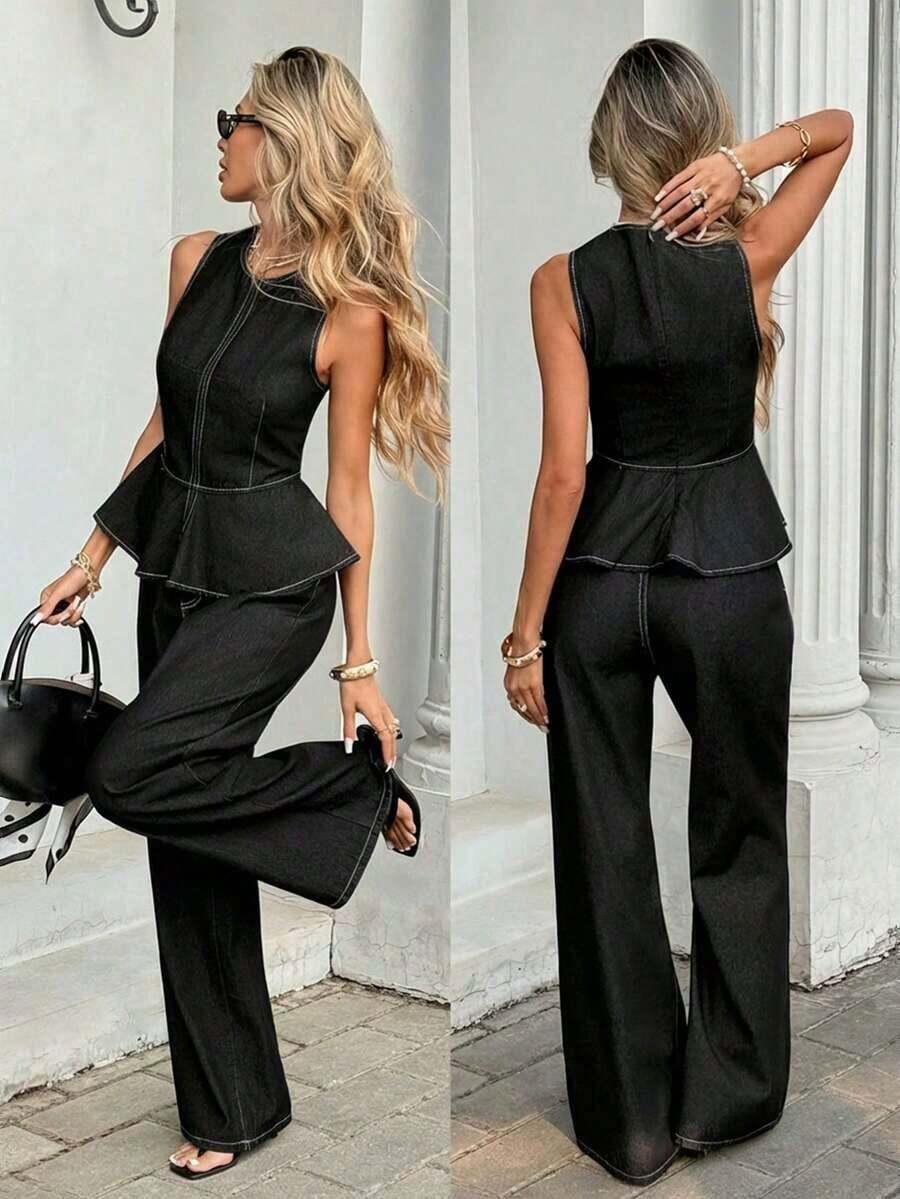 Conjunto de top de mezclilla sin mangas con dobladillo de peplum y jeans para mujer, adecuado para primavera, verano, otoño, elegante para el Día de San Valentín, vacaciones, carnaval, verano, primavera, ir a la universidad, elegante, Y2K, lindo, ropa de fiesta, boda, casual de negocios, vacaciones, resort, chic, conjunto de dos piezas con blusa de dobladillo de peplum y pantalones anchos y fluidos para mujer - Negro - Ver 1