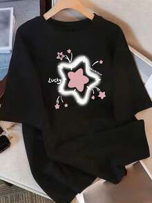 Camiseta Holgada Sencilla Mujer Estilo Moderno Camiseta de Verano de Corte Holgado y Cuello Redondo para Mujer, Cómoda y Casual, Perfecta para un Uso Diario Juvenil y Vibrante Camiseta Mujer Estampado Gráfico  Verano 2026 - Negro - Ver 1