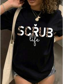 Camiseta deportiva casual para mujer con letras estampadas en leopardo - Camiseta negra elástica de cuello redondo, lavable aáquina, de ajuste cómodo para todas las estaciones. Prenda de ocio con un toque audaz y tejido opaco. - Negro - Ver 1
