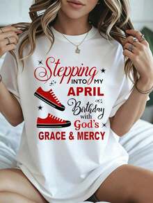 Elegante y casual para mujer, manga corta, camiseta con estampado de "Celebrando mi cumpleaños de abril con la gracia y misericordia de Dios", estampado de zapatillas rojas para celebración de Pascua y primavera, ropa casual blanca para mujer, primavera verano. - Blanco - Ver 1