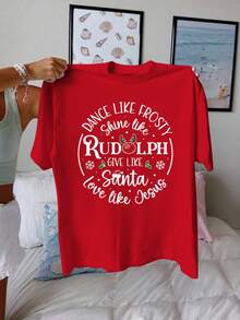 Casual Short-Sleeved T-Shirt With Letter Print And Round Neck, Christmas Style, Suitable For Summer And Spring, Women's Clothing - Unisex Loose Cotton Short-Sleeved T-Shirt With Round Neck, Urban Vintage Style. - 紅色 - 查看 6