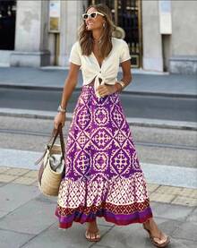 Falda midi elástica con estampado y cintura elástica para mujer, estilo bohemio, adecuada para la playa y el uso diario - Morado - Ver 1