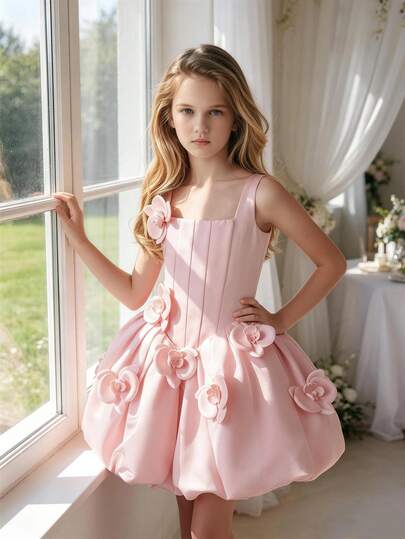 Tween Girl White 3D Floral Decor Princess Dress, Suitable For Girls' Birthday Party, Wedding, Prom, Holiday Occasions