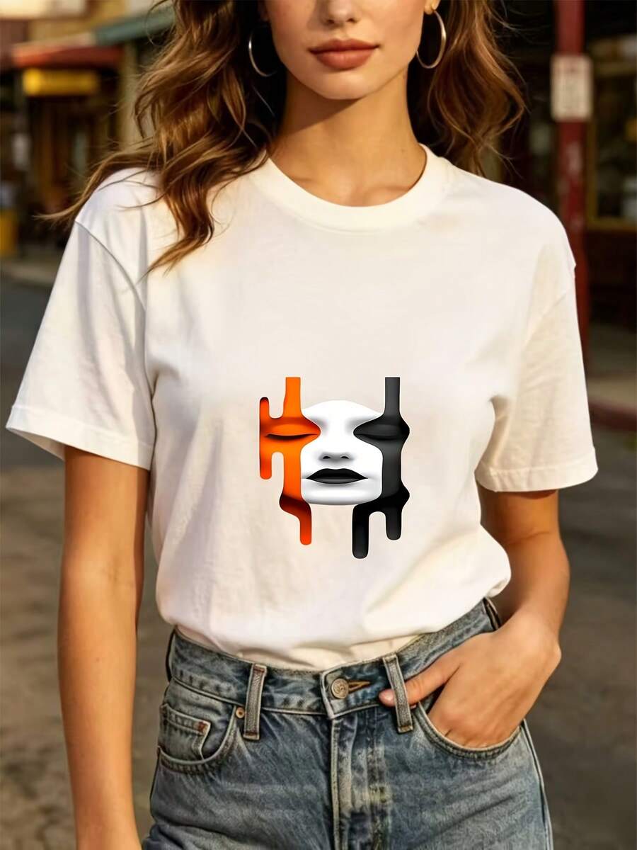 Camiseta de 180g ultra suave con estampado de gato para uso diario - ¡perfecta para reuniones familiares, actividades de team building en la oficina y regalos navideños! Camiseta de verano fresca y cómoda para mujer. - Blanco - Ver 1