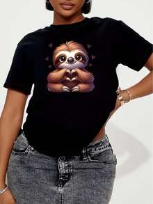 Love Sloth Print Crew Neck T-Shirt - Casual Short-Sleeved Round Neck, All-Season Women's Polyester Top - Black - View 2