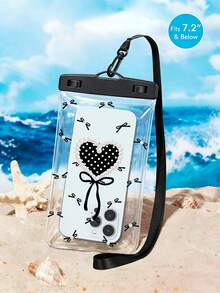 New Black Heart-Shaped Pearl Bow Pattern Waterproof Phone Pouch, Waterproof Phone Case, Summer Outdoor Sports Waterproof Bag, Rafting Diving Swimming Waterproof Bag, Universal PVC Waterproof Phone Protective Case, Underwater Dry Bag Protective Cover - Multicolor - View 2