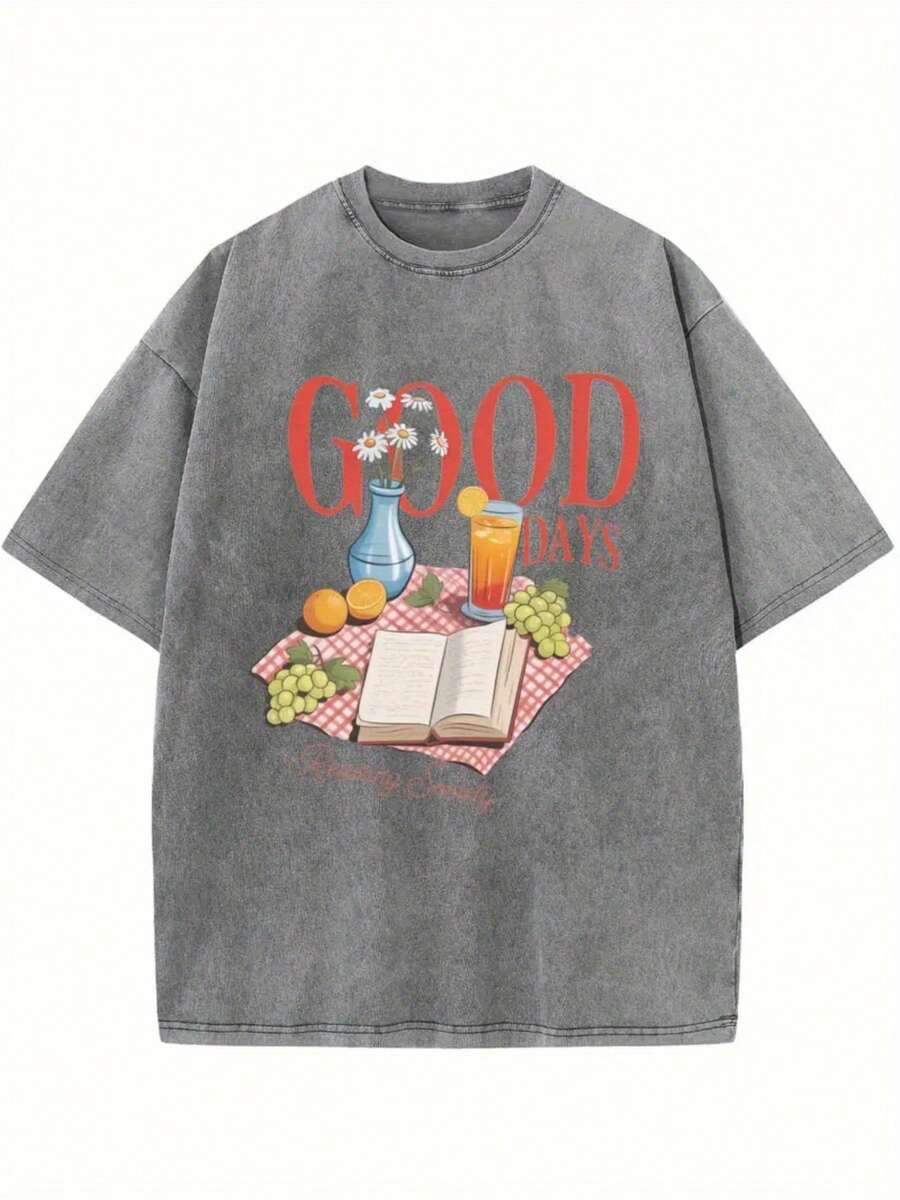1 pieza de camiseta de mujer con estampado creativo de estilo retro urbano, camiseta de mujer de alta calidad con efecto lavado, top vintage con aspecto desgastado, cuello redondo, holgada, talla grande, manga corta, suave, cómoda y transpirable, ropa de mujer moderna y a la moda, 180g 100% algodón. - Gris - Ver 1