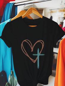 Camiseta de manga corta para mujer con estampado de cruz en forma de corazón - Cuello redondo, corte holgado informal, adecuada para uso diario en primavera y otoño, serie estilo latino, regalo unisex (lavable a máquina) - Negro - Ver 6