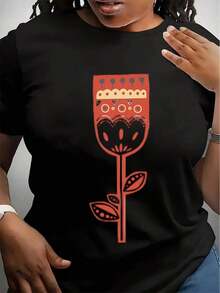 Camiseta con Estampado Floral de Tulipanes Estilo Boho, Camisa Color Crema, Estampado Floral Escandinavo, Top Botánico Minimalista, Regalo para Amantes de la Naturaleza - Negro - Ver 1