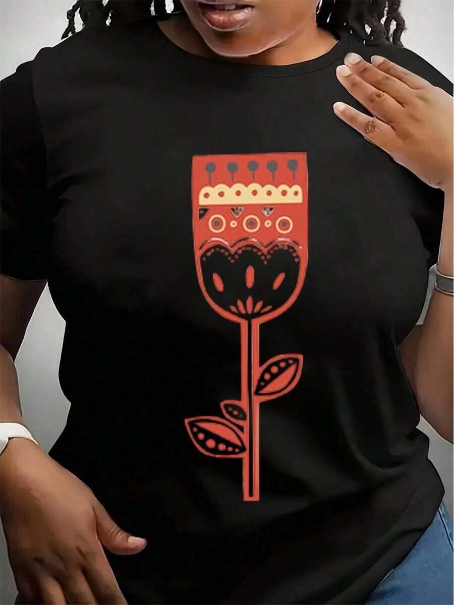 Camiseta con Estampado Floral de Tulipanes Estilo Boho, Camisa Color Crema, Estampado Floral Escandinavo, Top Botánico Minimalista, Regalo para Amantes de la Naturaleza - Negro - Ver 1