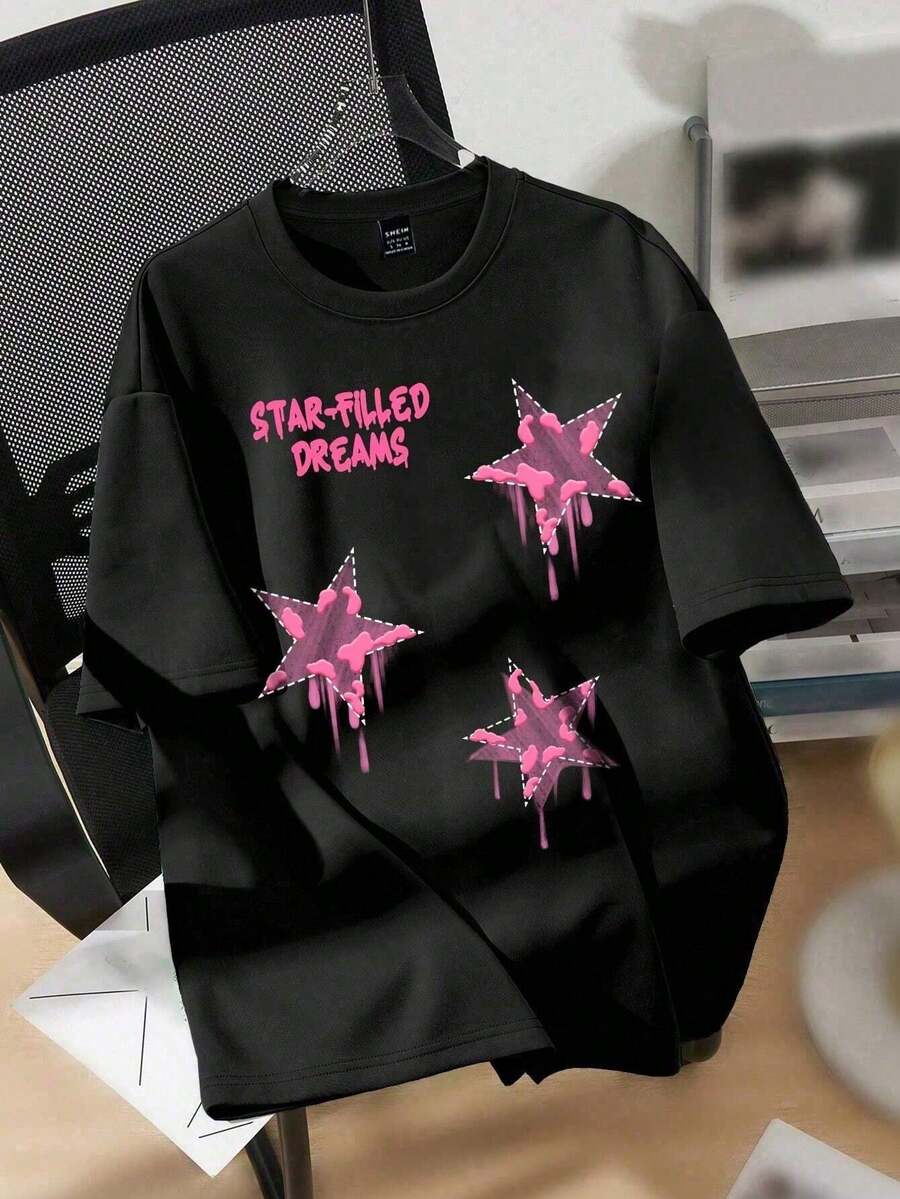 Casual Pink Star Pattern Black Loose Round Neck Short Sleeve Women T-Shirt - White - View 1