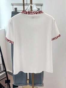 Camiseta de manga corta con estampado de leopardo y decoración de corazón para mujer - Blanco 4 - Ver 2