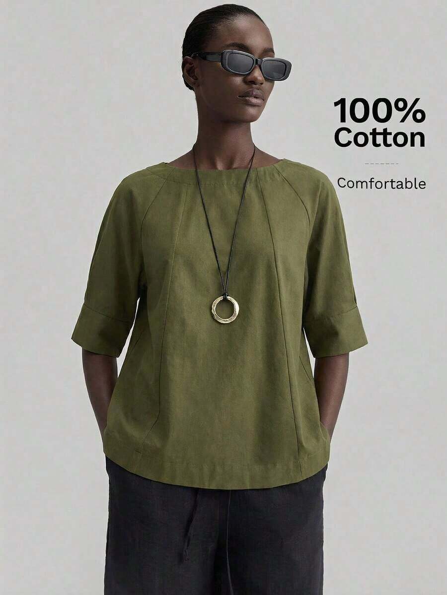 2026SS Nueva blusa de mujer, atuendo de vuelta al colegio, estilo campestre, casual de oficina, cita nocturna, aeropuerto, uso de fiesta, unicolor de verano con hombros descubiertos y manga corta, tela tejida, adecuada para el Día de San Valentín, t - Verde militar - Ver 1